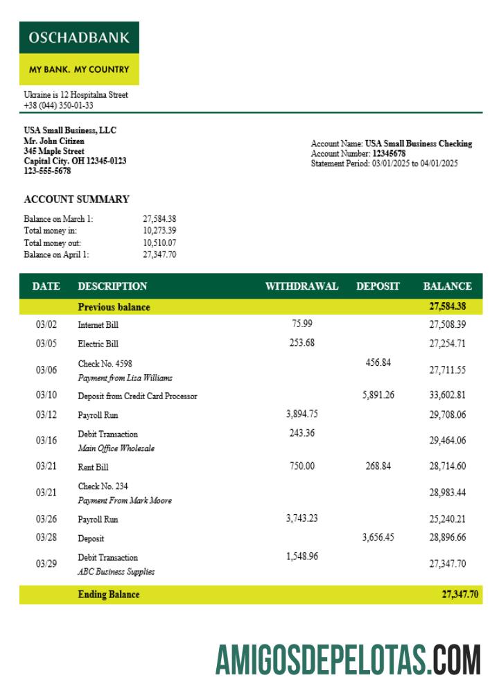 Baixável Ucraniano Oshadbank Enterprise Statement Modelo Word e PDF